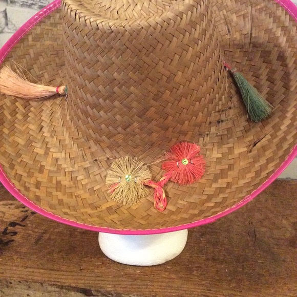 MCM straw tassel Sun hat minimalist garden beach 50s Vintage pink Heirloom chic - Picture 7 of 8